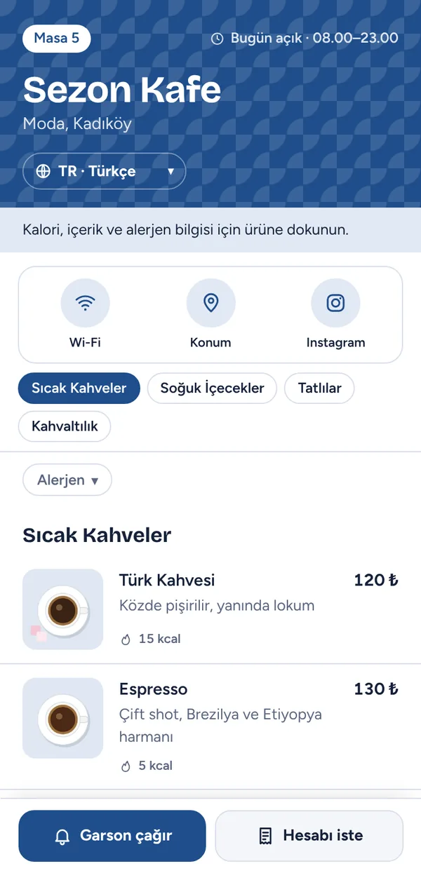Garsonla müşteri menüsü: Sezon Kafe, Masa 5, Wi-Fi bilgisi, kategoriler, ürünler ve Garson çağır düğmesi
